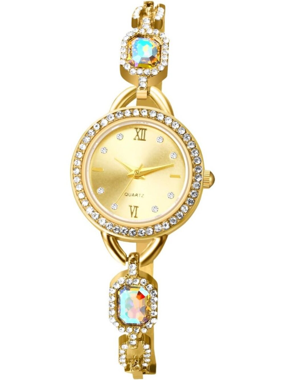 Women's Gold Analog Quartz Elegant Round Dial Cubic Zirconia Faux Diamond Watch